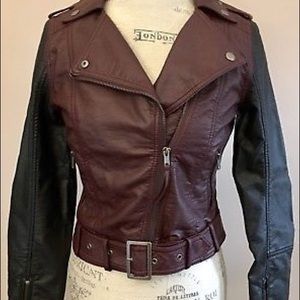 H&M MAROON & BLACK FAUX LEATHER MOTO JACKET SIZE 4
